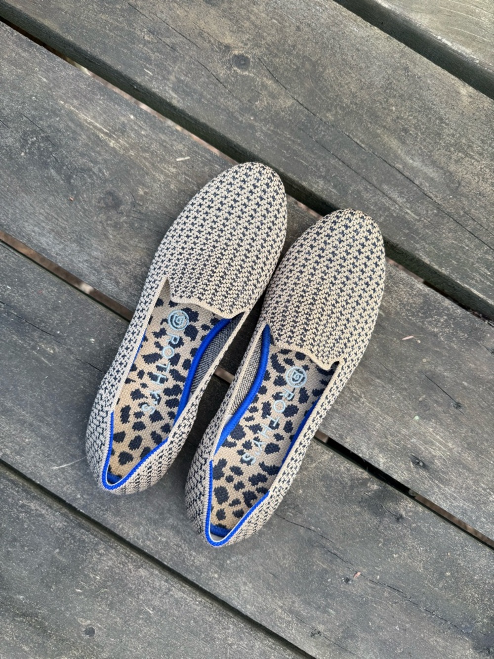 Rothy's Beige Knit Slip-On Flats with Blue Trim